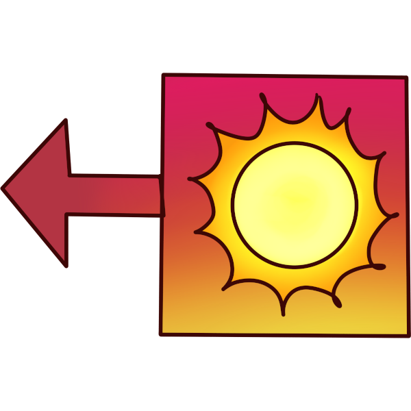 a sun in a red box points backward